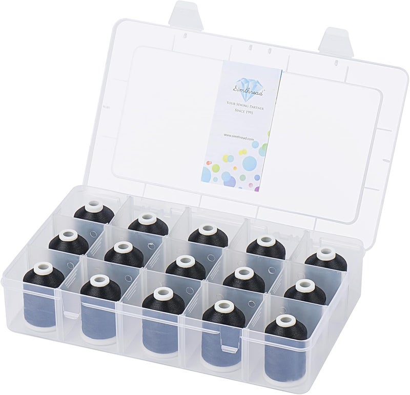 simthread [Box-Upgraded] Machine Embroidery Thread 1000M Black 900, with Storage Box Polyester 15 Spools Set for Embroidery Quilting Machine - Image 1